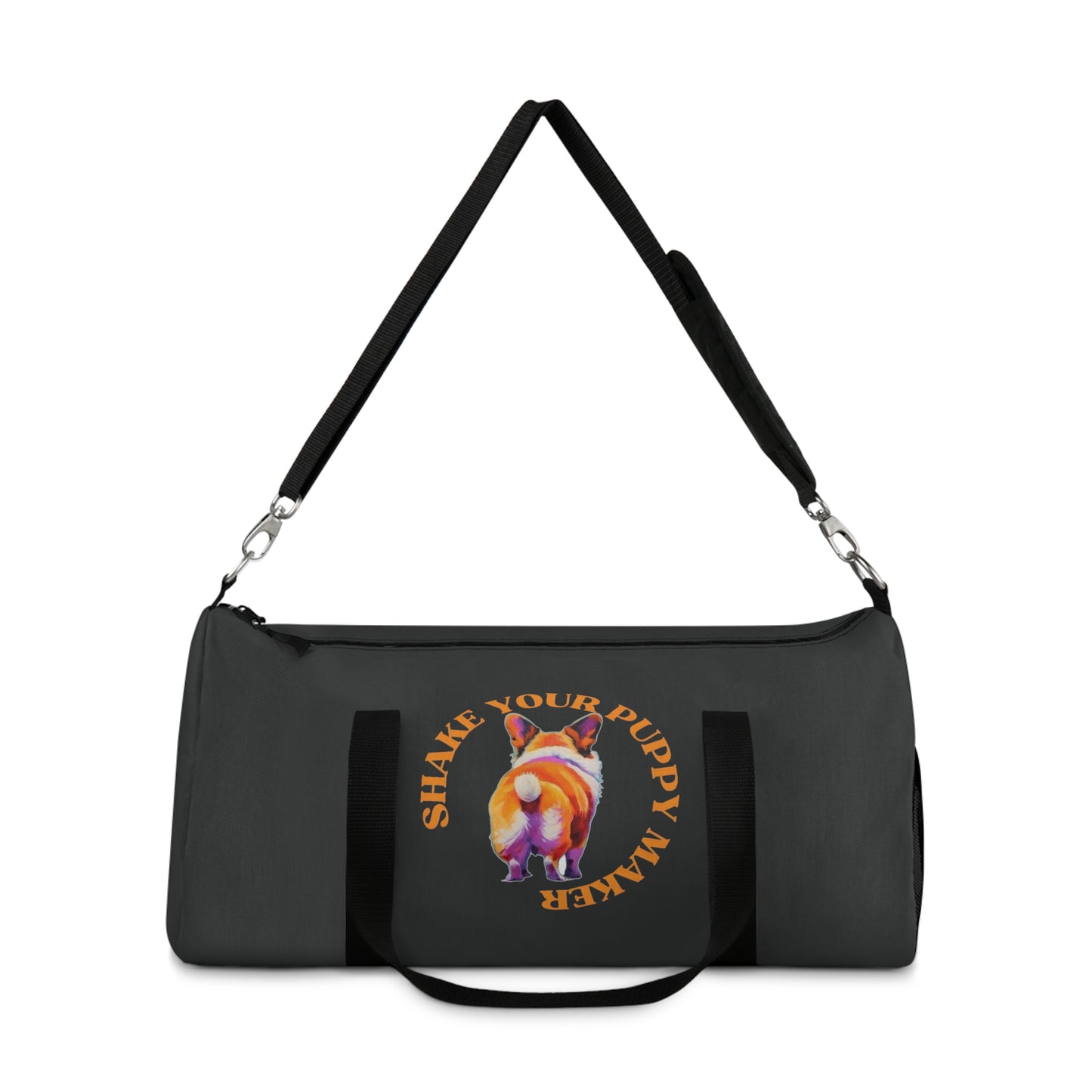 Shake Your Puppy Maker Duffel Bag - Fun Corgi Humor Charcoal Travel Gym Bag