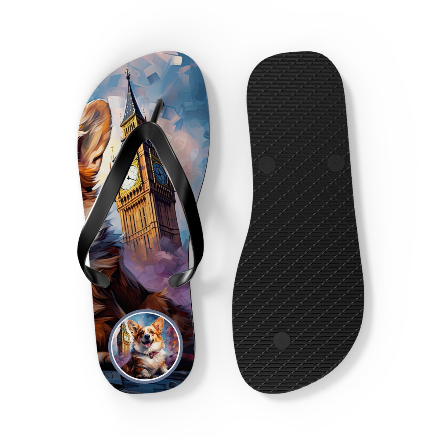 Corgi & Big Ben Artistic Unisex Flip Flops — London Themed Corgi Sandals