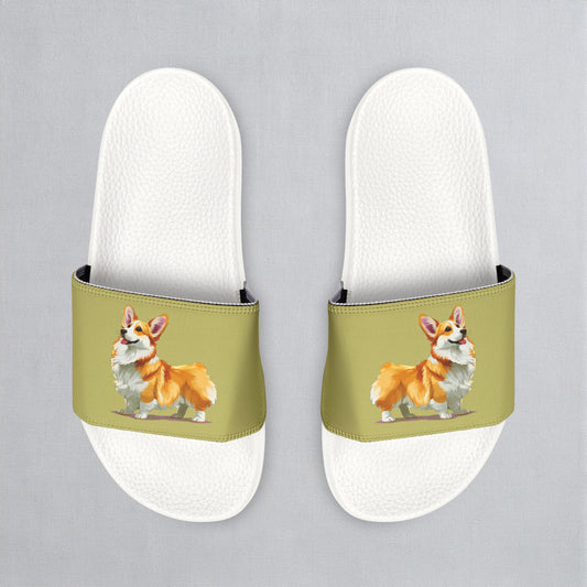 Classic Queen's Corgi Artistic Illustration Men's Khaki Slide Sandals - Casual Pool & Beach Slides