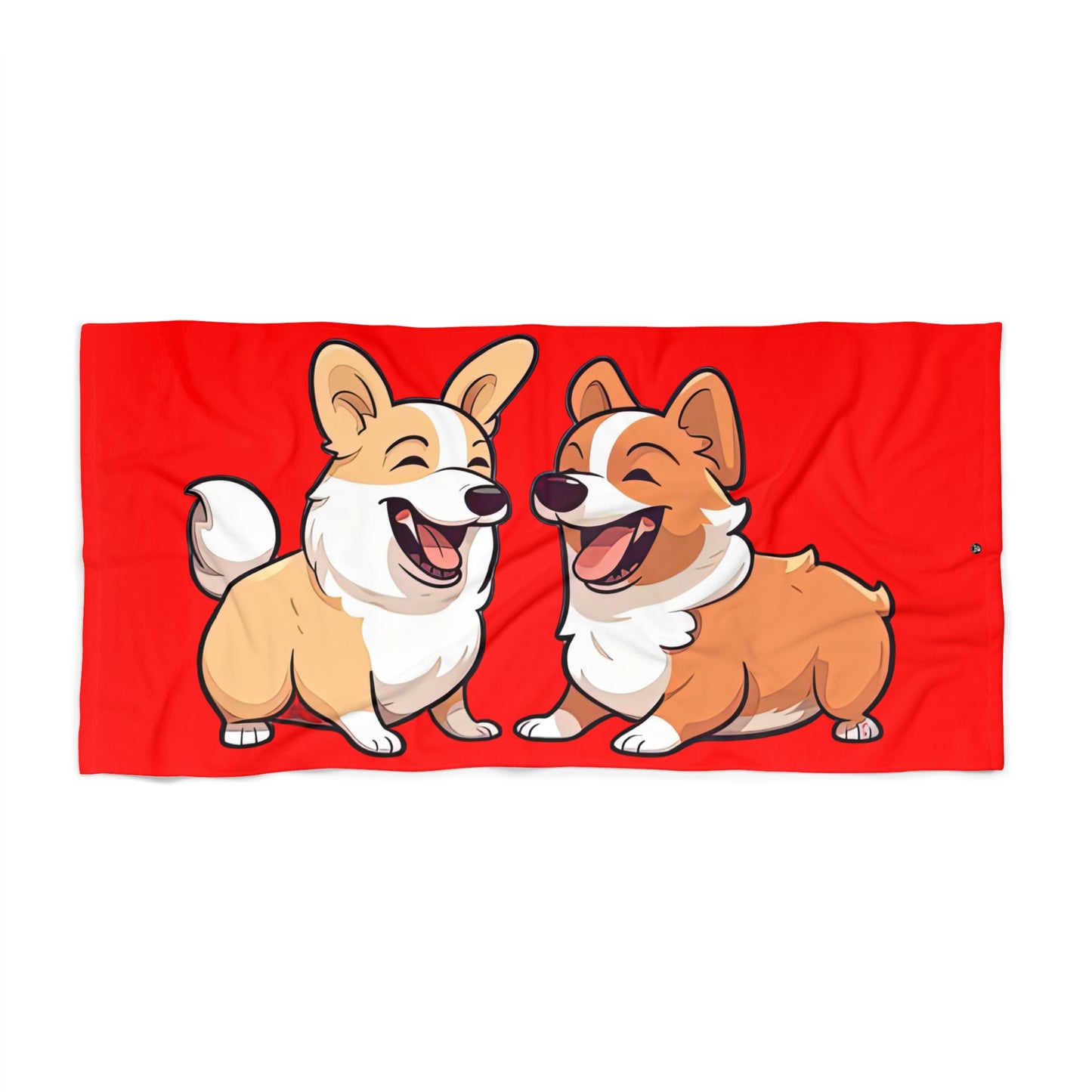 Best Mates Smiling Corgi Pals Red Beach Towel — Exclusive Laughing Corgis Illustration