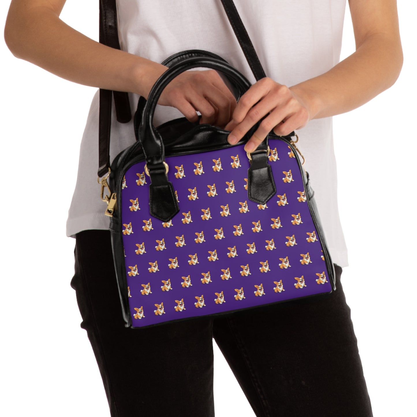 Jolly Jiggling Corgi Illustrated Mosaic Pattern Purple & Black Shoulder Handbag