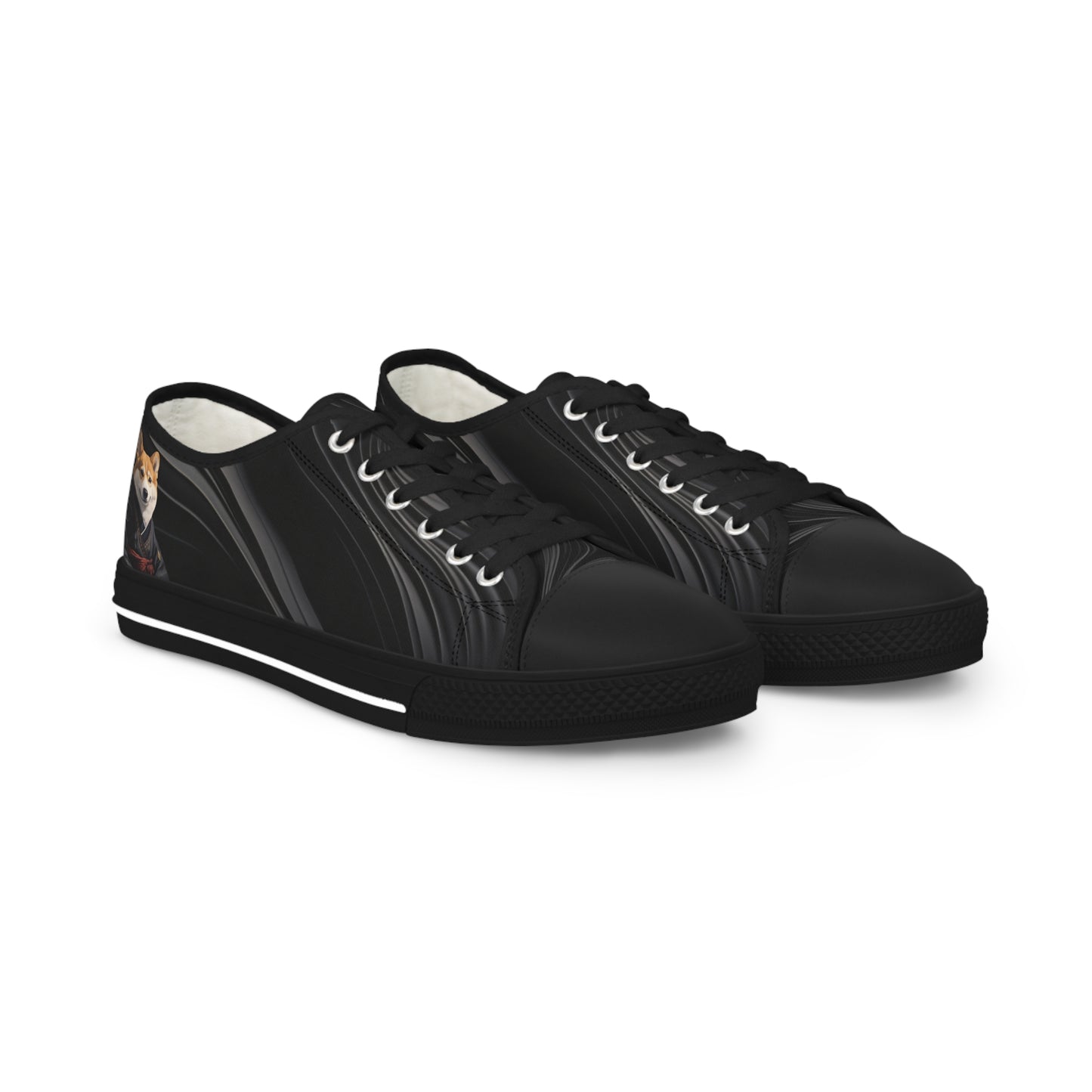 Samurai Corgi Black Swirl Men's Low-Top Casual Canvas Sneakers