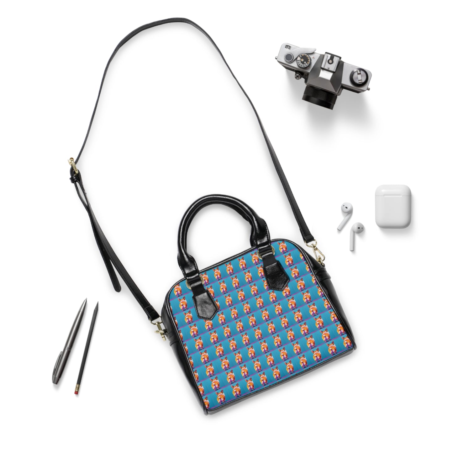 Corgi Butt Mosaic Pattern Blue & Black Shoulder Handbag