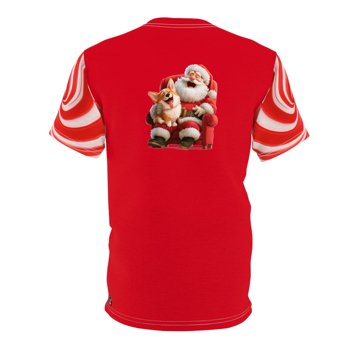 I Want a Corgi for Christmas Unisex Bold Designer Tee - A Very Good Corgi on Santa's Lap on Jingle Pop Red with Candy Cane Sleeves (Part of the Holiday Collection)
