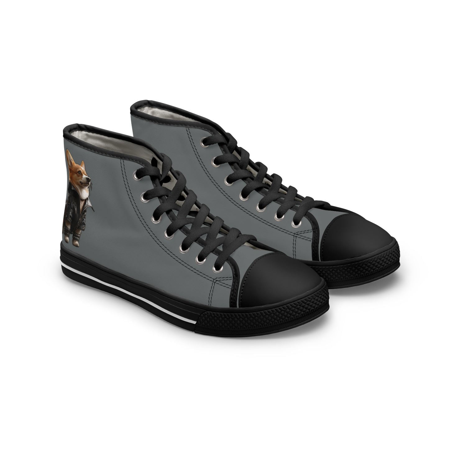 Leader of the Pack Women's High Top Casual Dark Gray Canvas Sneakers with a Leather-Clad Corgi