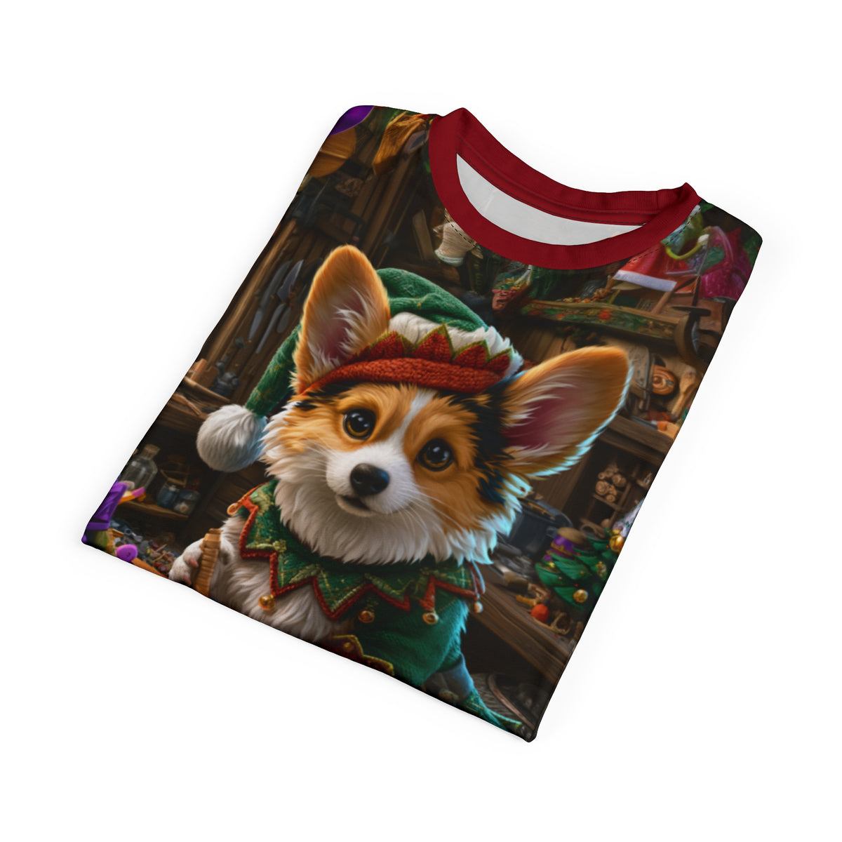 Santa's Little Helper Unisex Bold Designer Tee - Corgi Elf in the Workshop with Rudolph Red Sleeves (Part of the Holiday Collection)