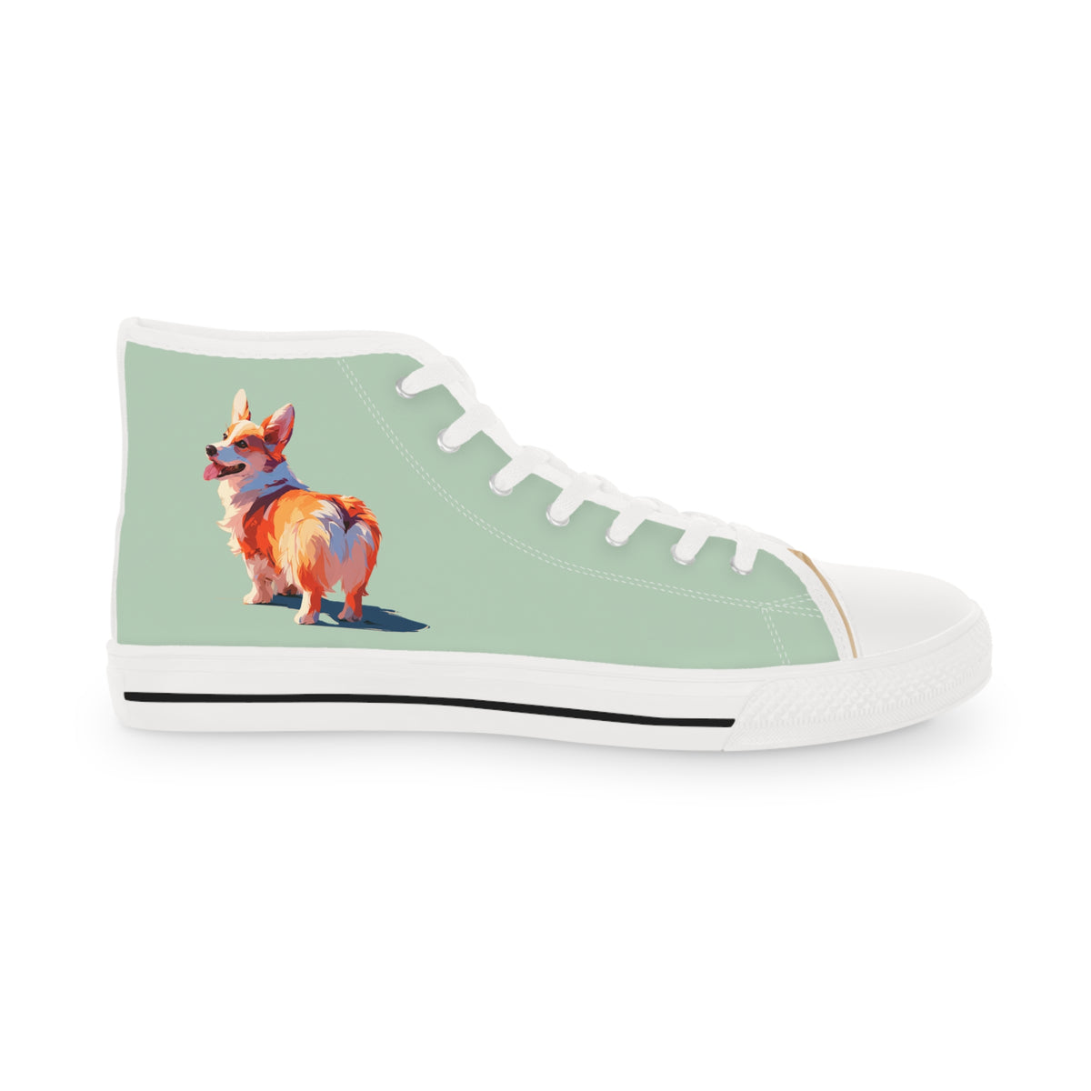Corgi Classico Men's High-Top Sneakers - Watercolor Wiggler on Momo Mint Canvas with Flaxen Fawn Fur-Effect Tongues