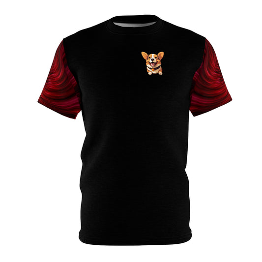Puppy Love Artistic Corgi Illustration Unisex Bold Fashion Tee with Swirling Red Sleeve Accent