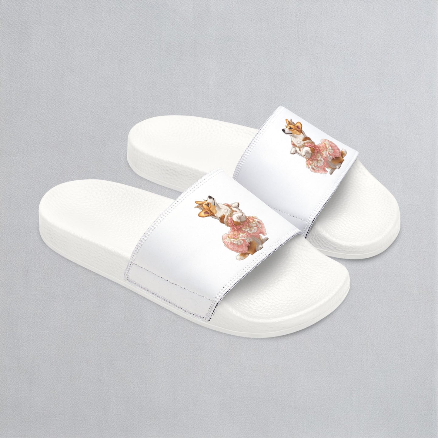 Princess Corgi White & Rose Men's Slide Sandals - Casual Pool & Beach Slides