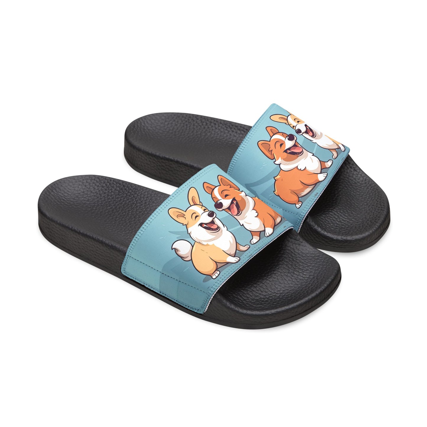Best Mates Men's Slide Sandals with Two Corgi Pals - Removeable/Adjustable Strap Summer Slides