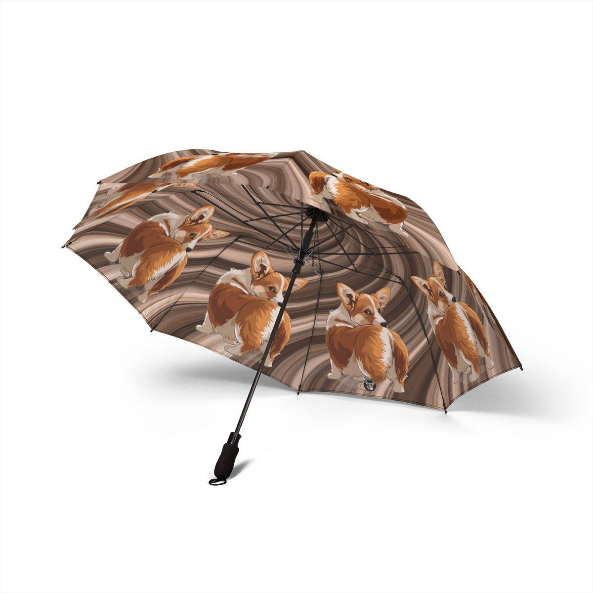 Butt What? Talk To The Butt Contemptuous Corgi Foldable Umbrella — Swirling Brown Compact Rain Shield