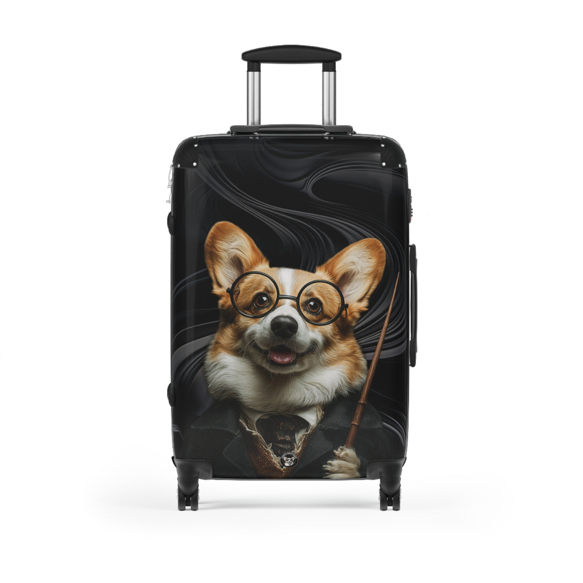 Corgi Potter Magic Wand Suitcases – Wizard Theme Swirling Black Rolling Luggage