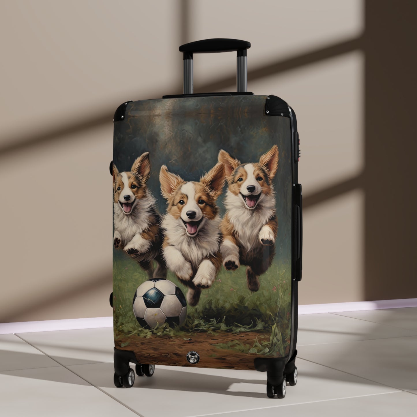 Corgi Puppies Pouncing On The Pitch Suitcases – Soccer Theme Corgi Rolling Luggage