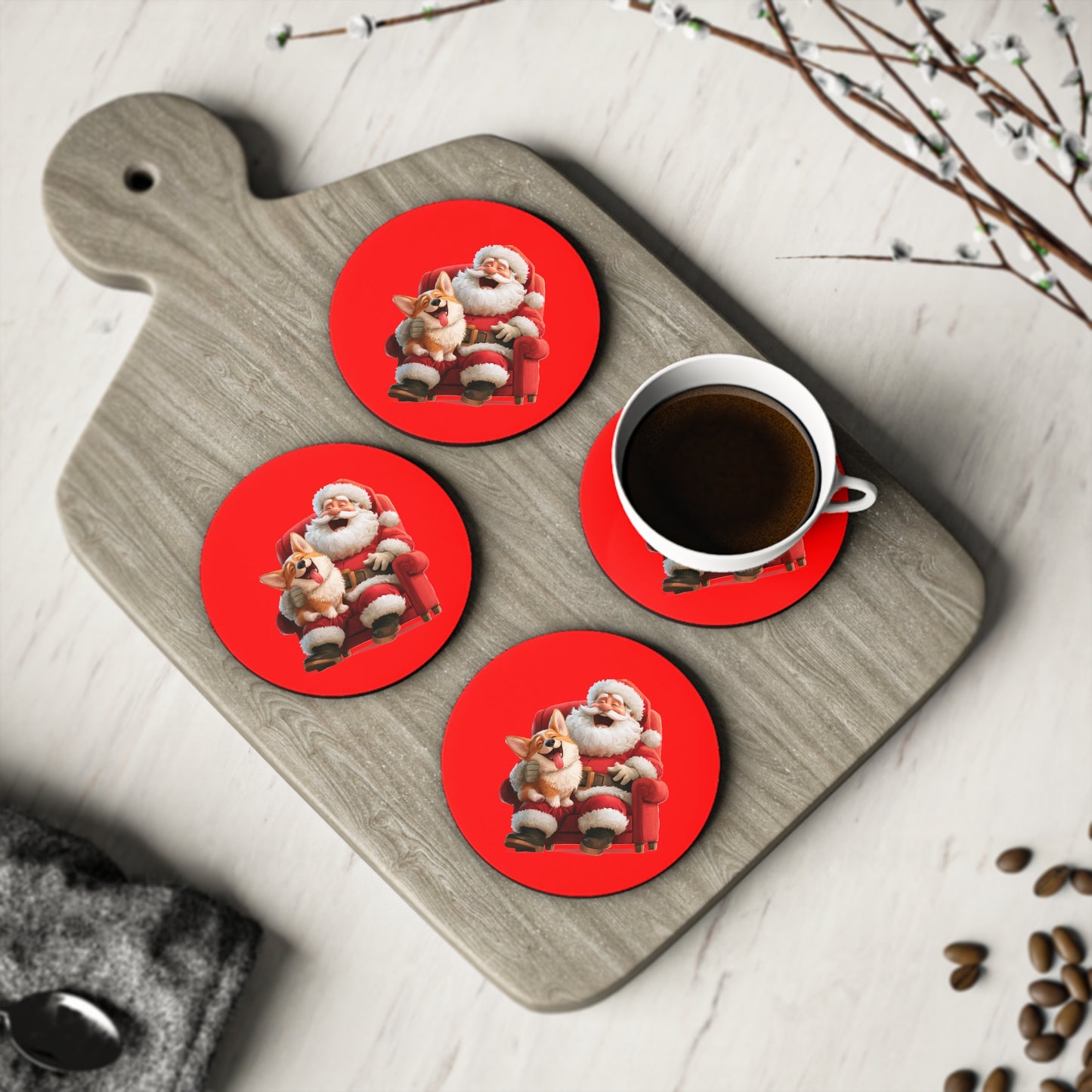Christmas Corgi Sitting On Santa's Lap Coasters – Festive Holiday Corgi Coasters