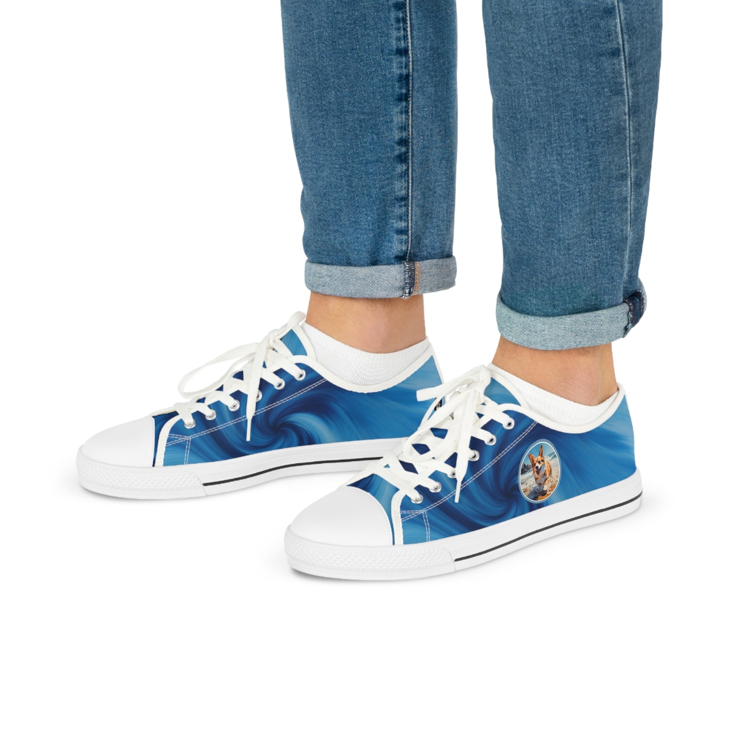 Coastal Corgi Blue Swirl Men's Low Top Casual Canvas Sneakers