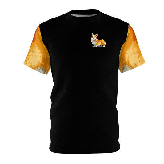 Classic Queen's Corgi Artistic Painting Unisex Bold Fashion Tee - Black with Wavy Golden Sleeves