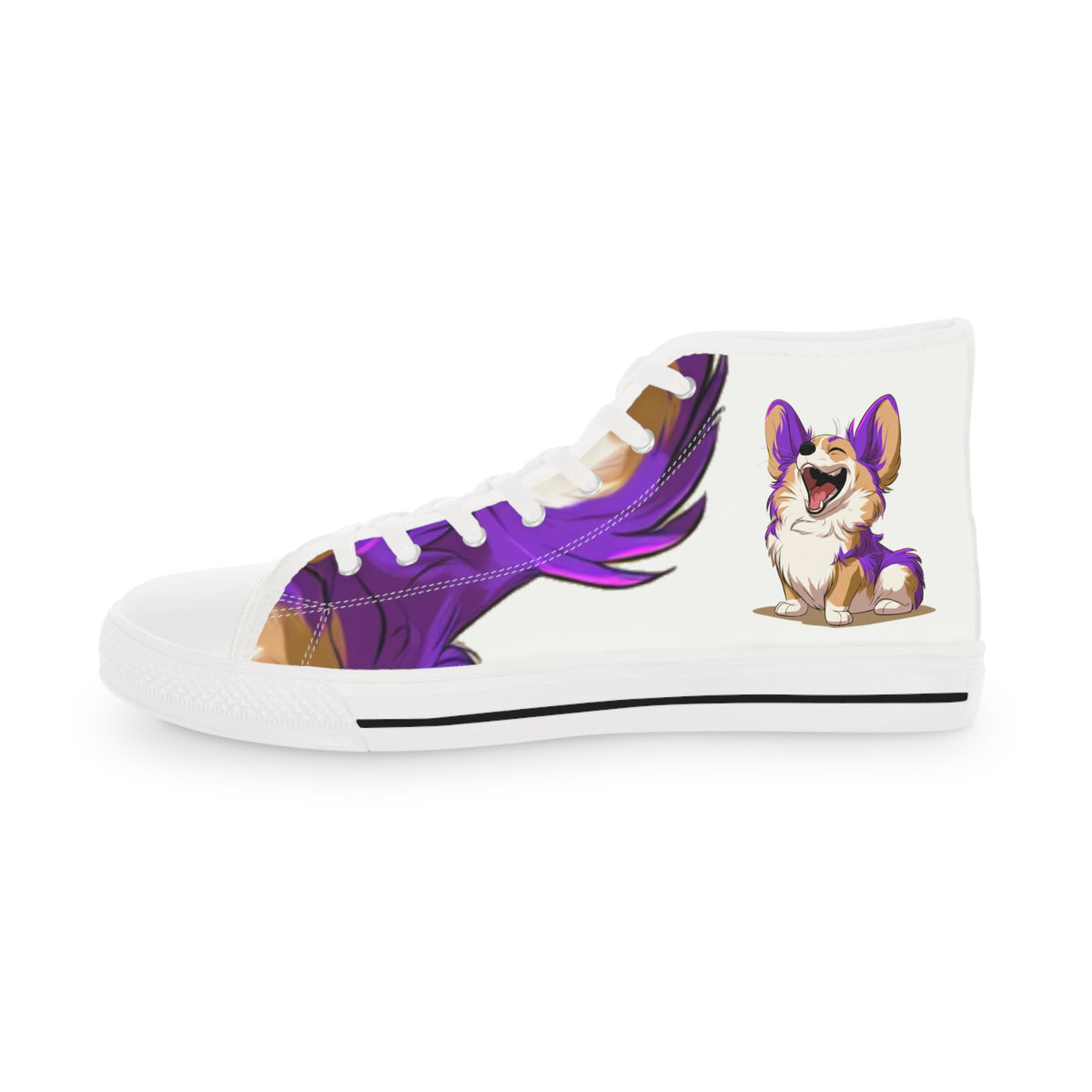 Purple Patch Men's High-Top Sneakers - Carefree Corgi on Marzipan White Canvas with Very Violet Fur-Effect Accents