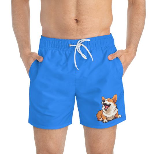 Comical Corgi All Smiles Blue Swim Trunks
