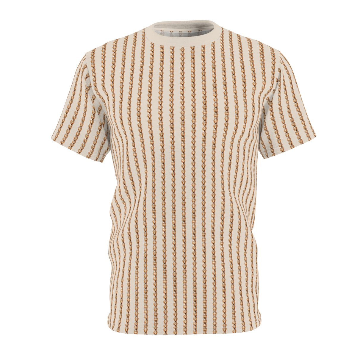Precious Puppy Pinstripes Unisex Bold Designer Tee - Tiny Corgi Motif Beyond Belief on Toffee Cream