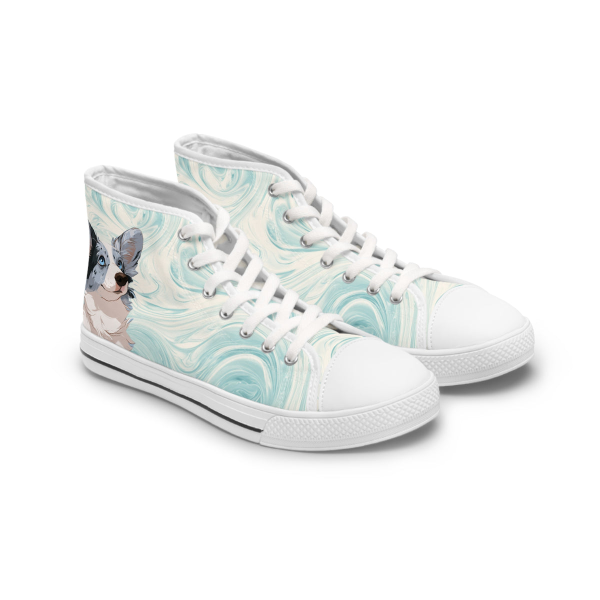Blue Merle Majesty Women's High-Top Sneakers - Cool Blue Corgi on Swirling Aqua & Alabaster Cream Canvas