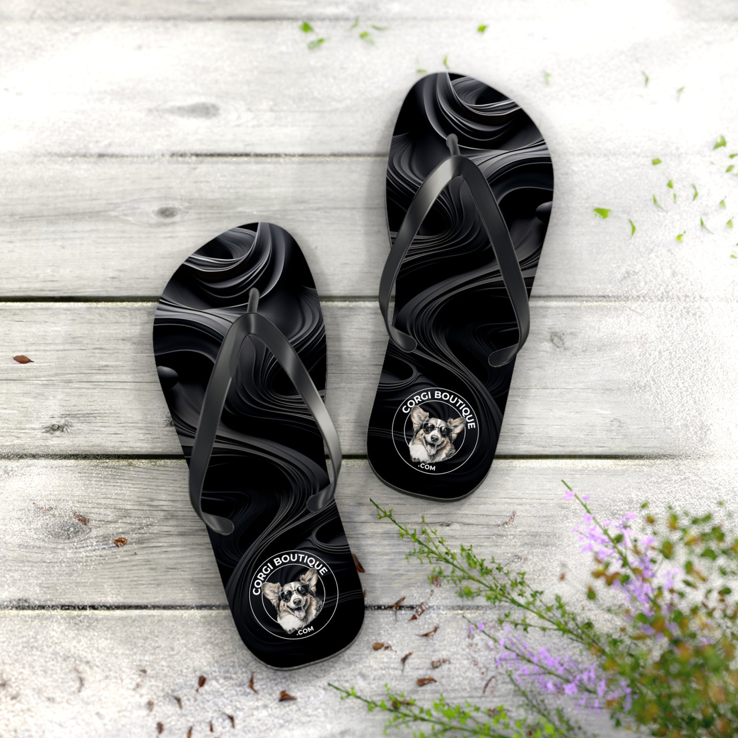 Corgi Boutique Black Swirl Flip Flops with our Custom Logo — Stylish Beach & Pool Sandals