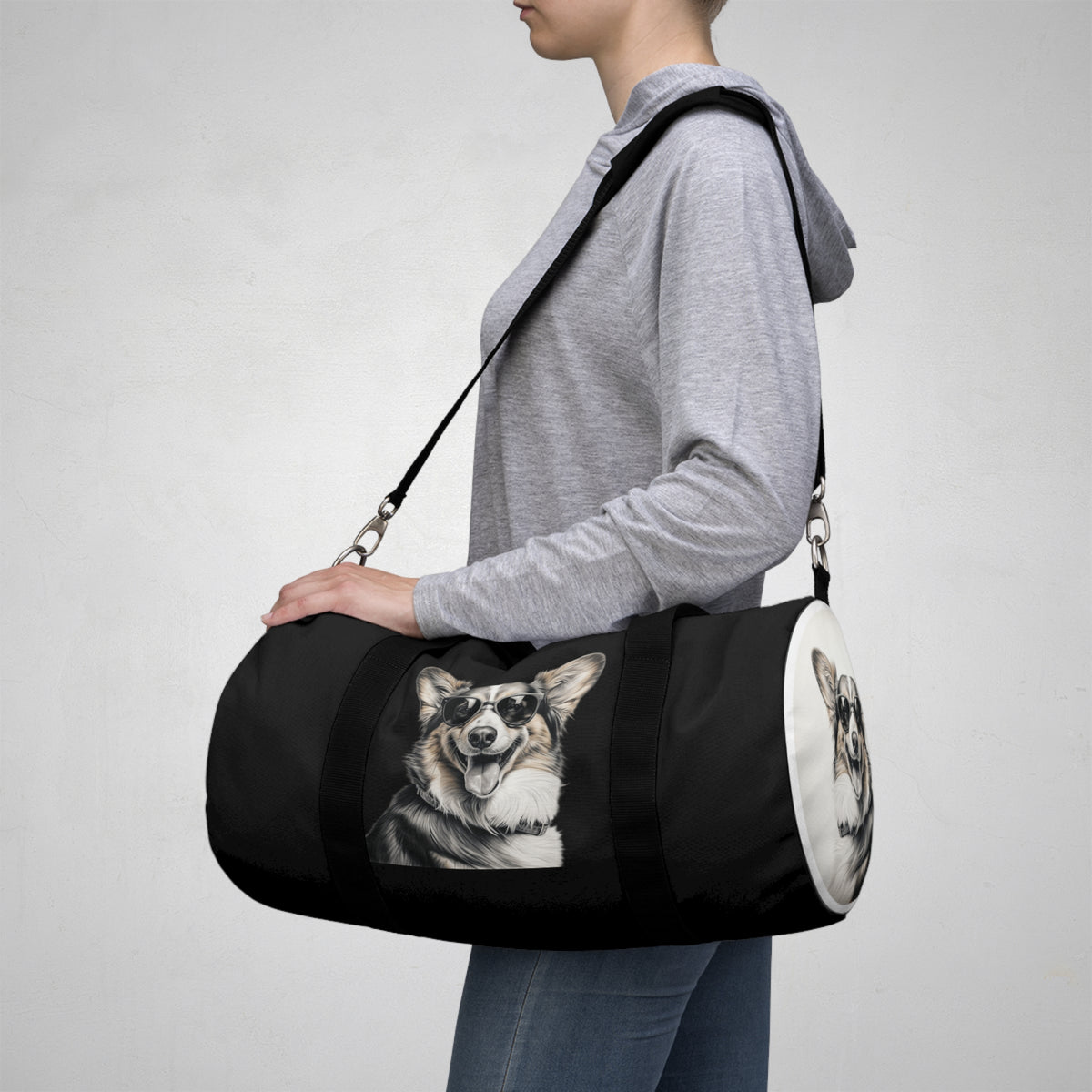 Corgi Cool Artistic Illustration Duffel Bag - Hip Black Corgi Travel Gym Bag