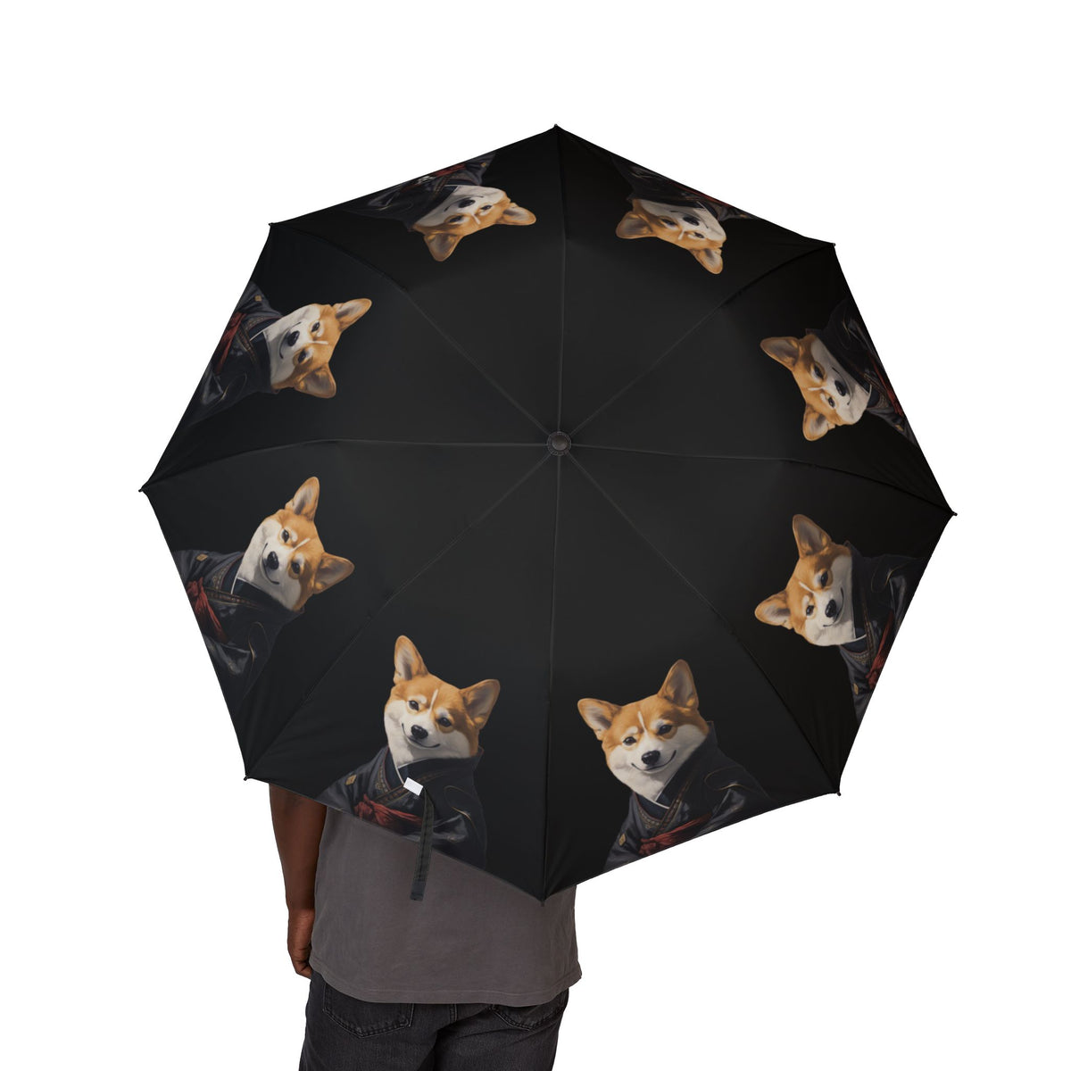 Samurai Corgi Portrait Foldable Umbrella — Japanese Theme Compact Rain Parasol
