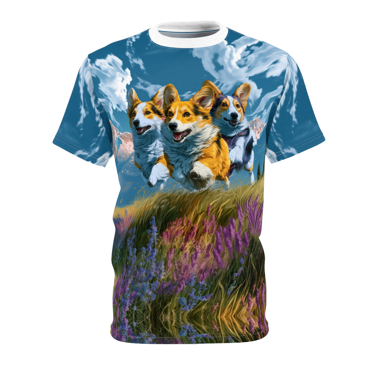 The Hills Are Alive Unisex Bold Designer Tee - The Sound of Corgis Under a Cerulean Sky
