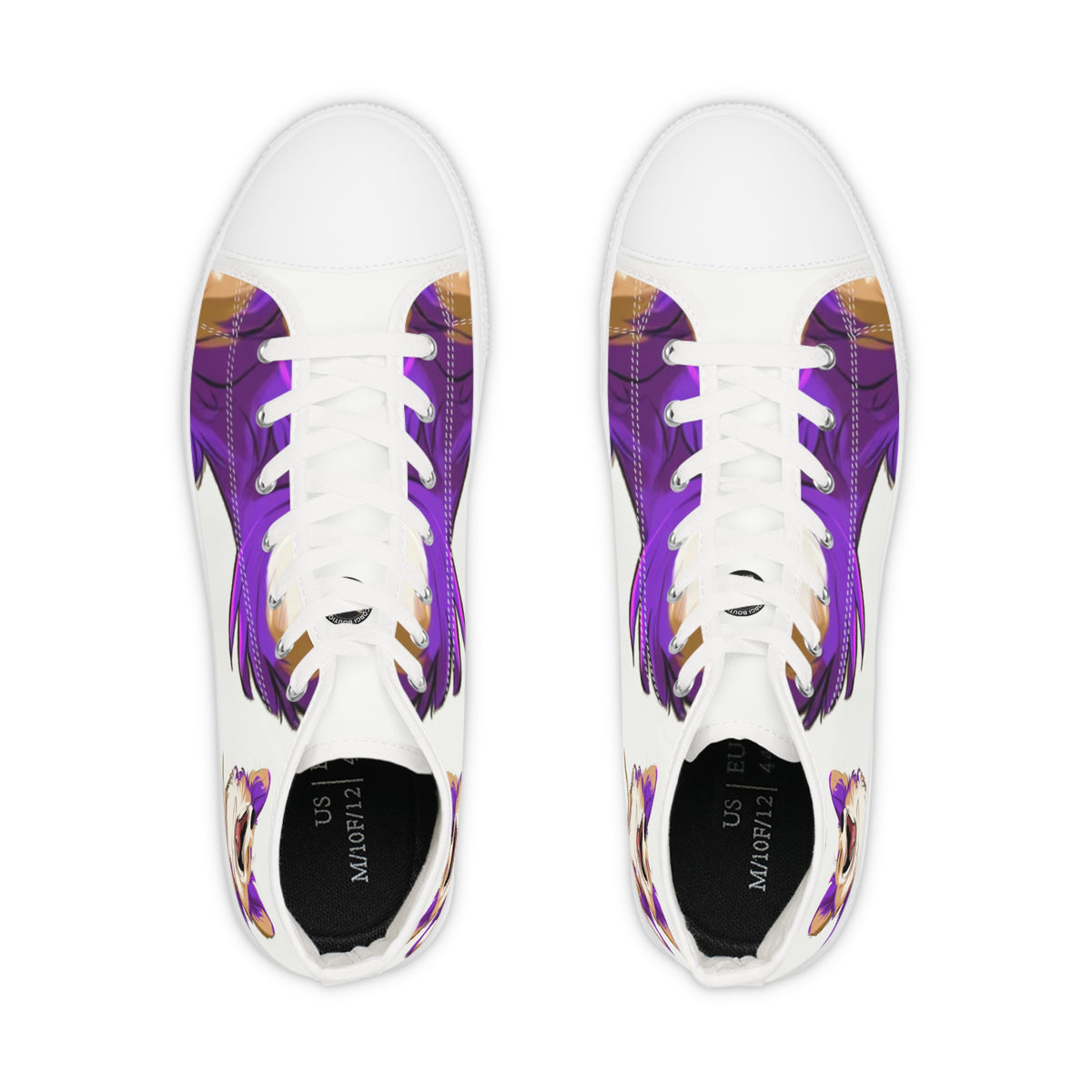 Purple Patch Men's High-Top Sneakers - Carefree Corgi on Marzipan White Canvas with Very Violet Fur-Effect Accents