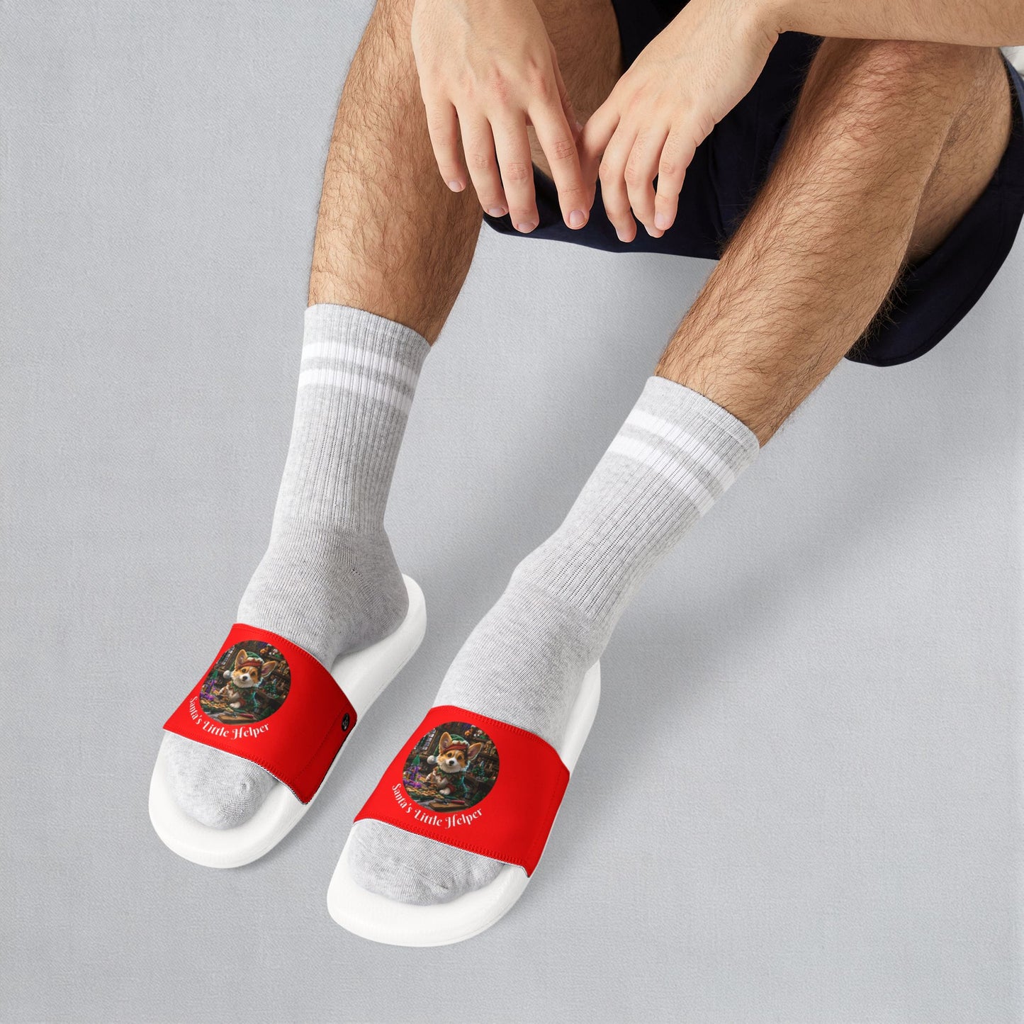 Santa's Little Helper Holiday Corgi Elf Men's Slide Sandals - Casual Pool & Beach Slides