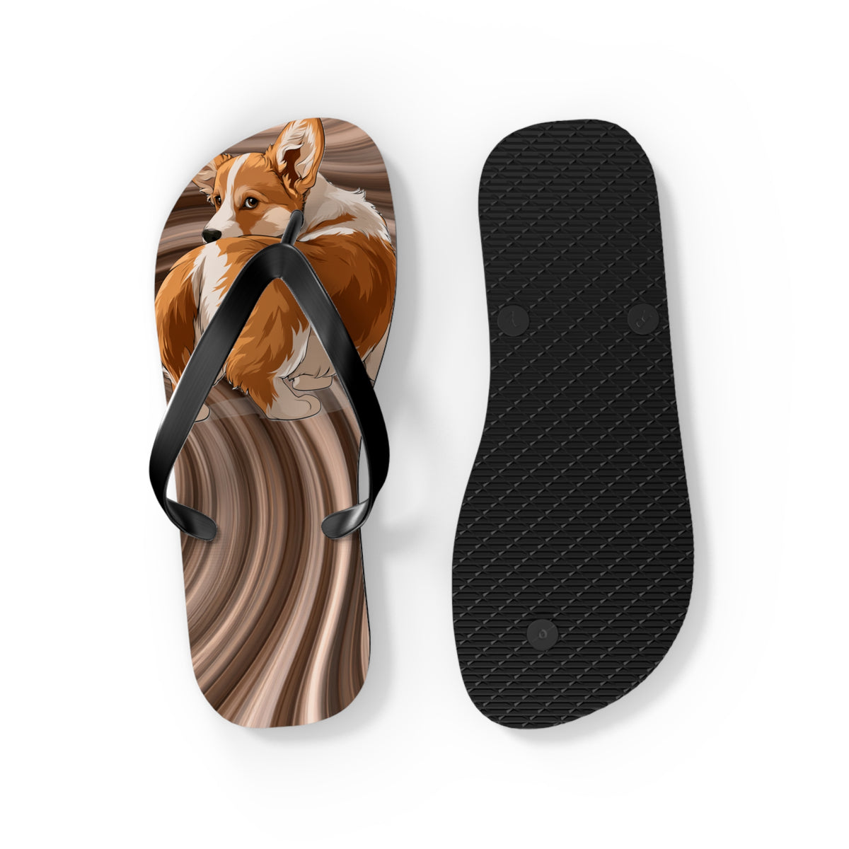 Butt What? Talk To The Butt Contemptuous Corgi Unisex Flip Flops – Comical Swirling Brown Corgi Beach Sandals