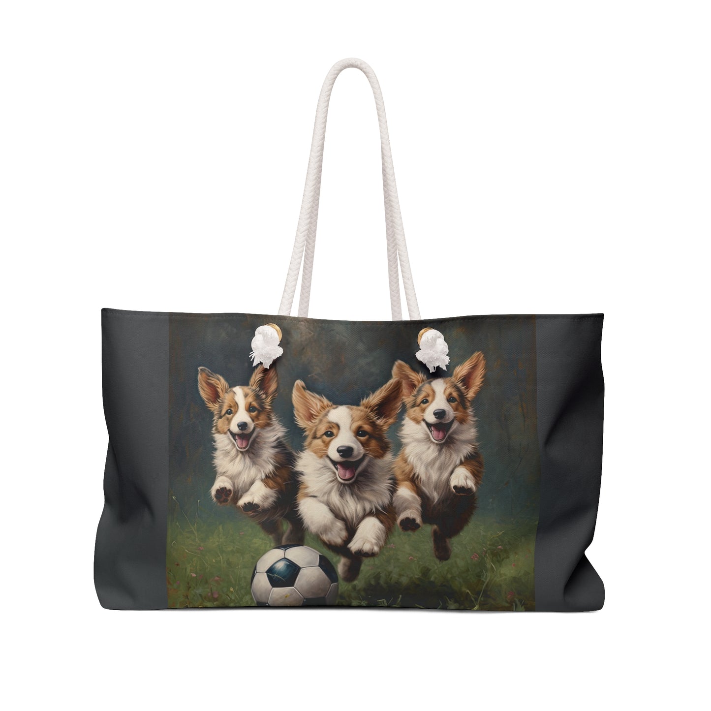 Corgi Puppies Pouncing on the Pitch Weekender Beach Bag – Soccer Themed Corgi Travel Tote