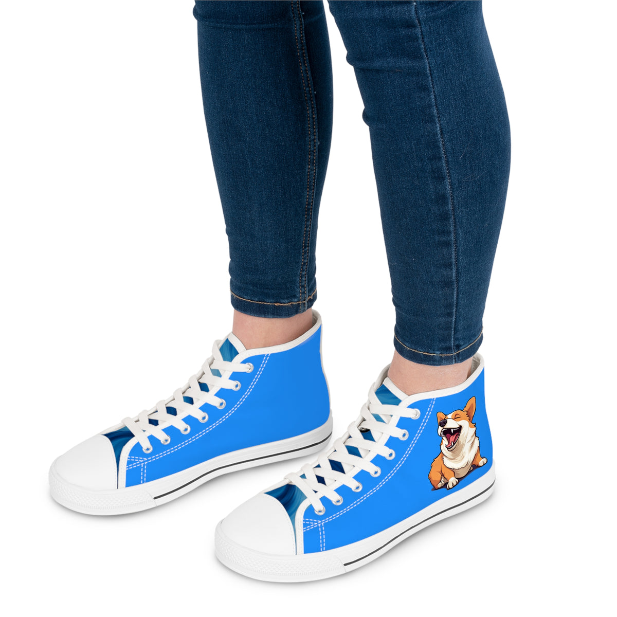Comical Corgi All Smiles Women's High Top Casual Blue Canvas Sneakers