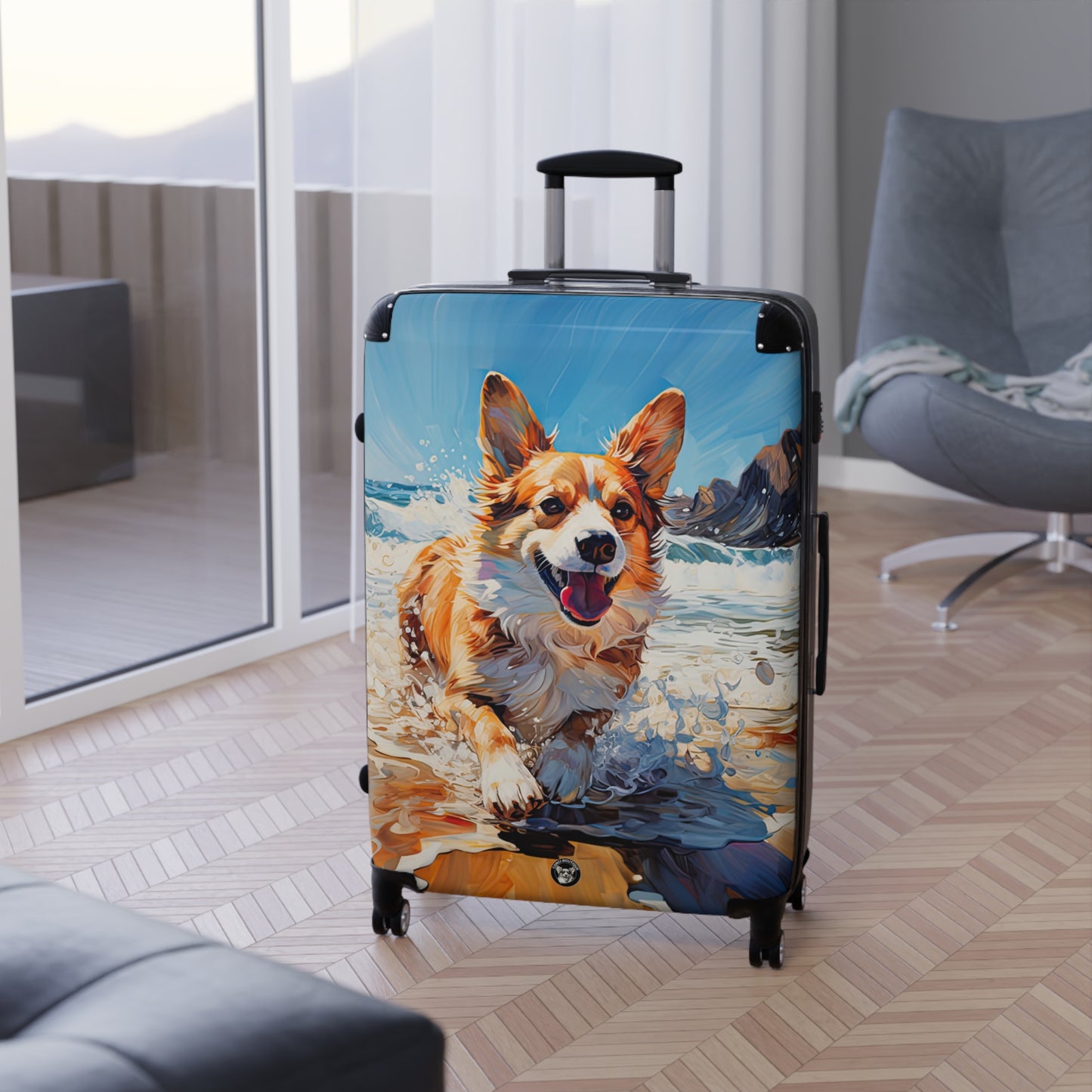 Coastal Corgi Beach Theme Suitcases — Corgi Running in the Waves Luggage