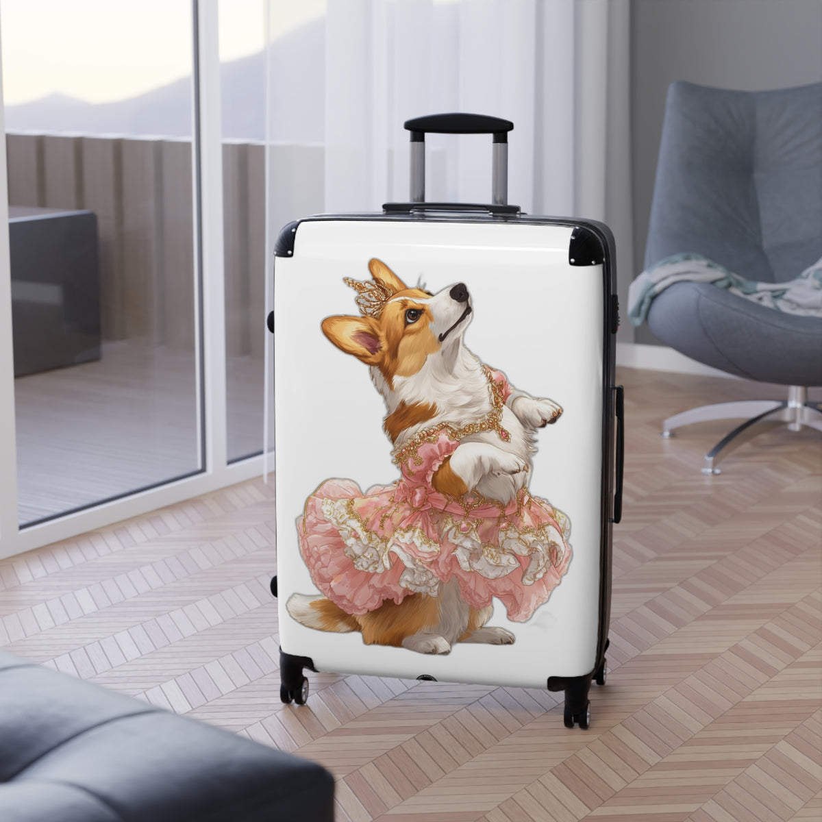 Princess Corgi In A Pink Tutu Royal Travel Suitcases - White With Pink Floral Accents Rolling Luggage