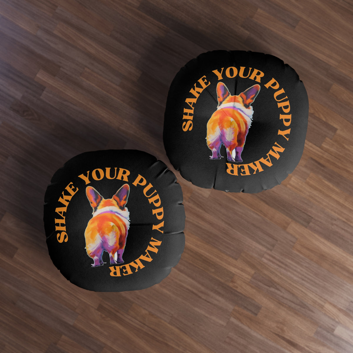 Shake Your Puppy Maker Round Floor Pillow — Black Corgi Butt Accent Cushion