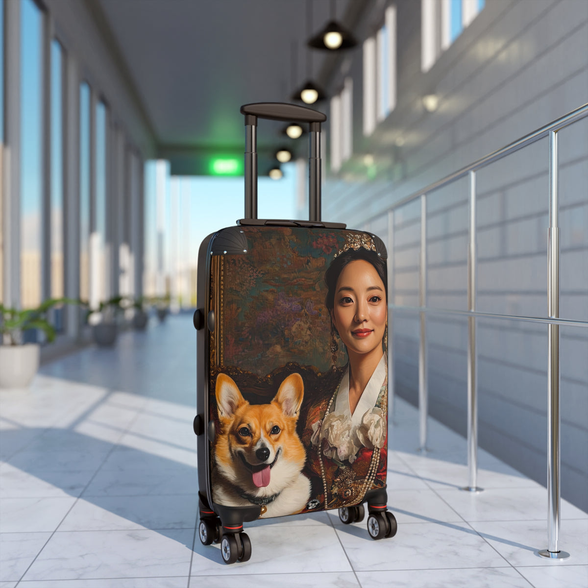 Queen Of The Corgis Custom Portrait Travel Suitcases – Regal Corgi Rolling Luggage