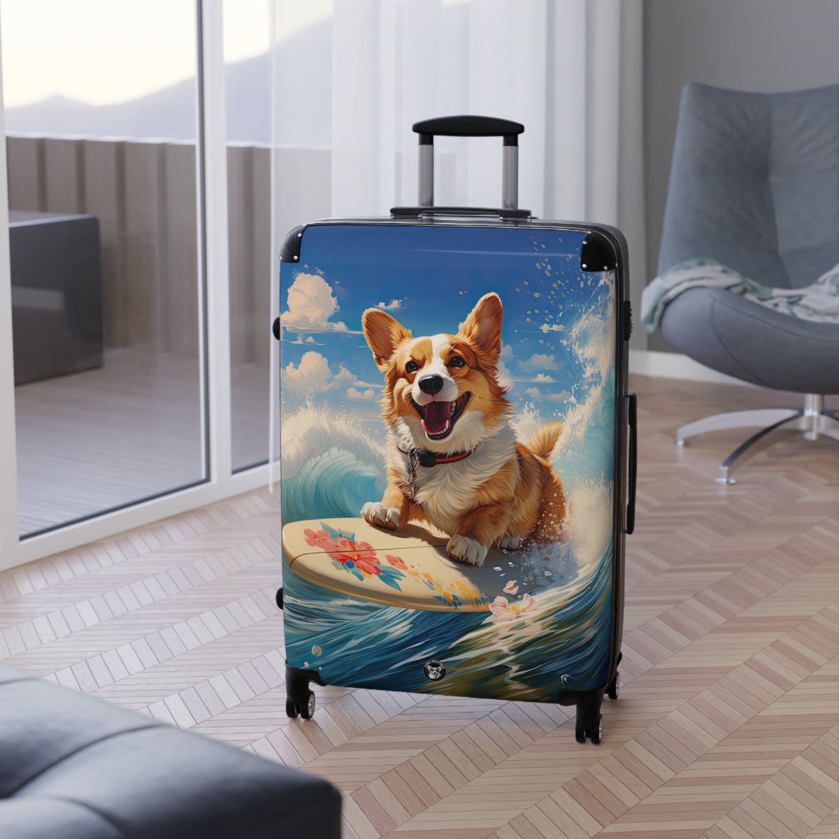 Cowabunga Surfing Corgi Suitcases — Ocean Theme Corgi Beach Rolling Luggage
