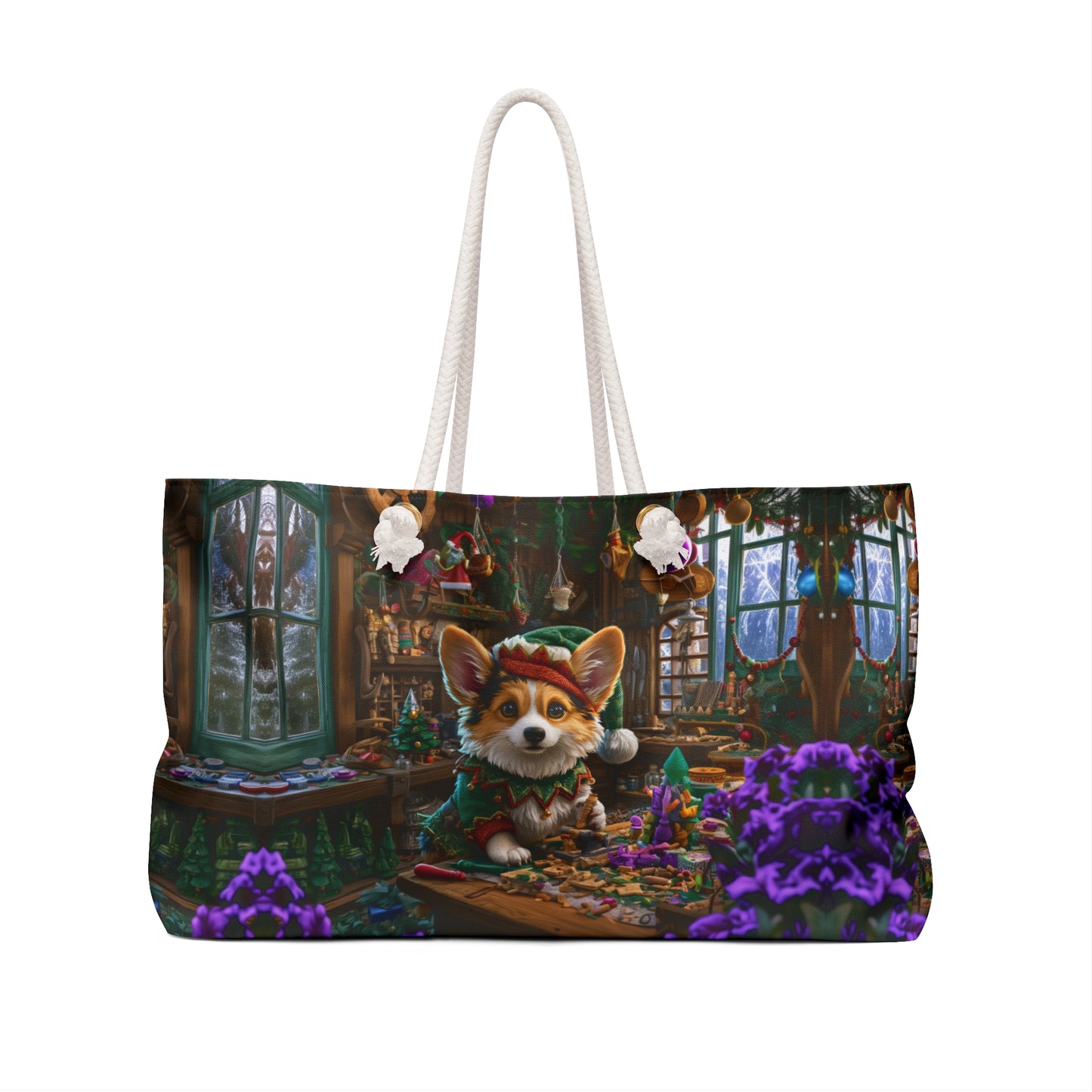 Santa's Little Helper Weekender Beach Bag – Christmas Themed Corgi Elf Travel Tote