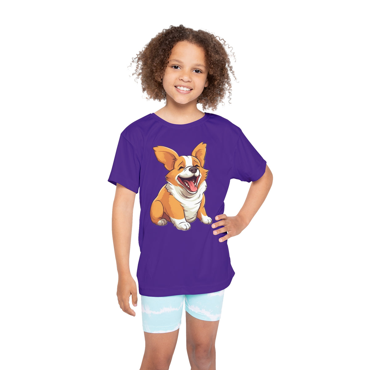 Jolly Jiggling Animated Corgi Kid's Purple Sports Tee