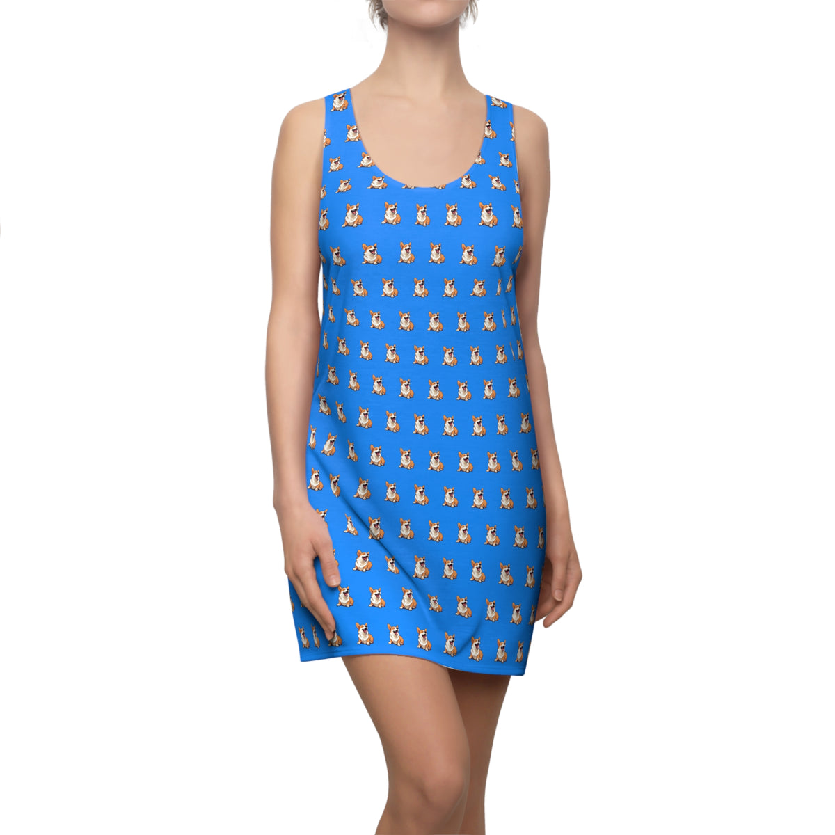 Comical Corgi All Smiles Repeater Pattern Racerback Sundress - Blue Casual Corgi Dress
