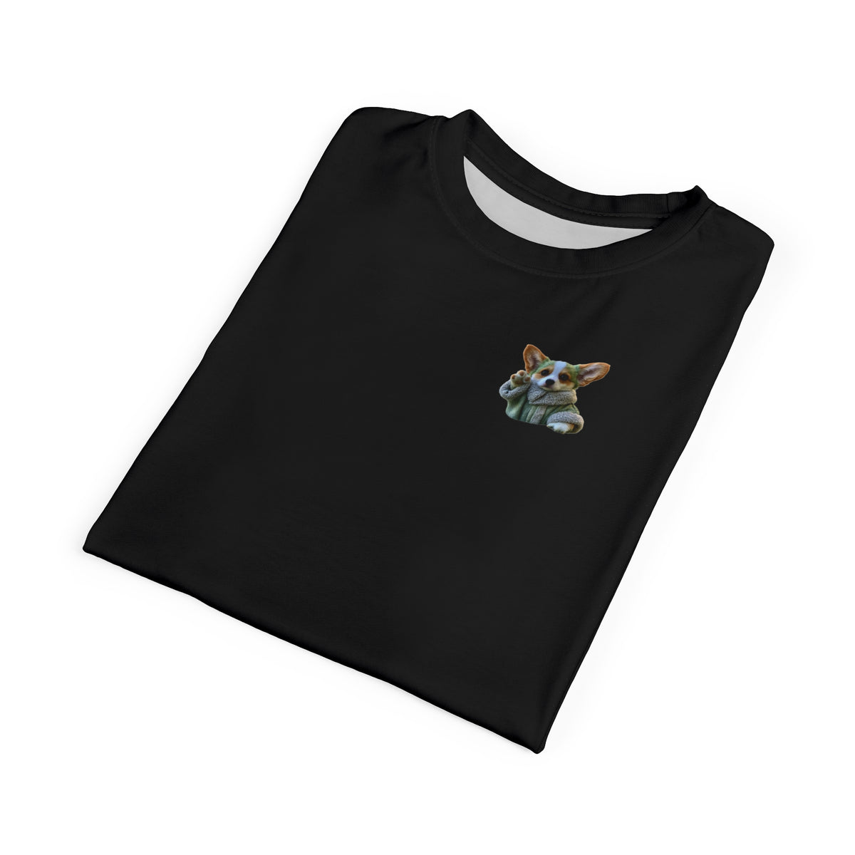 Baby Corgi Star Sage Unisex Bold Designer Tee — Phantom Black with Galaxy Glitter Geo-Sleeves (Part of the Astral Warrior Collection)