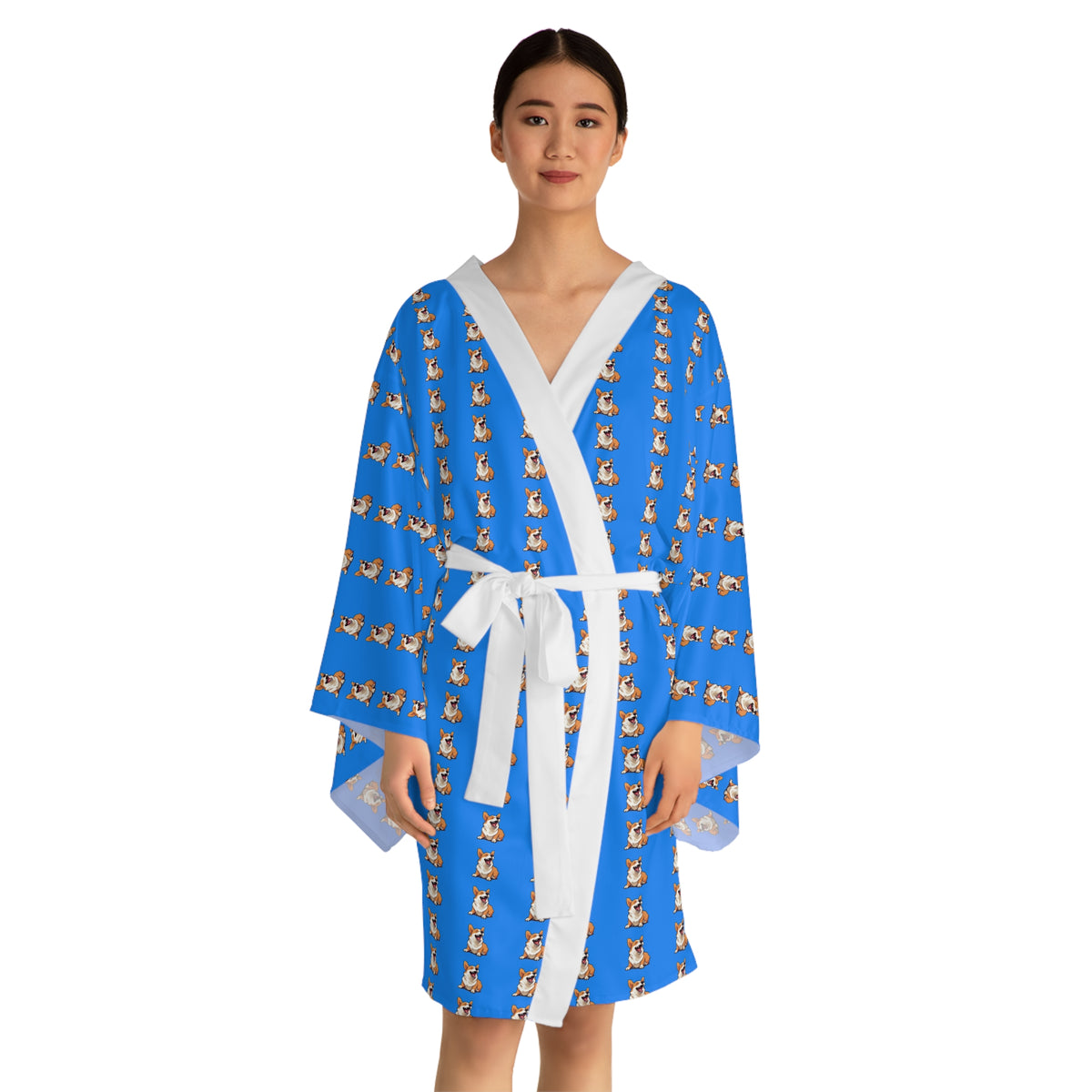 Comical Corgi All Smiles Repeater Stripes Blue Kimono Robe