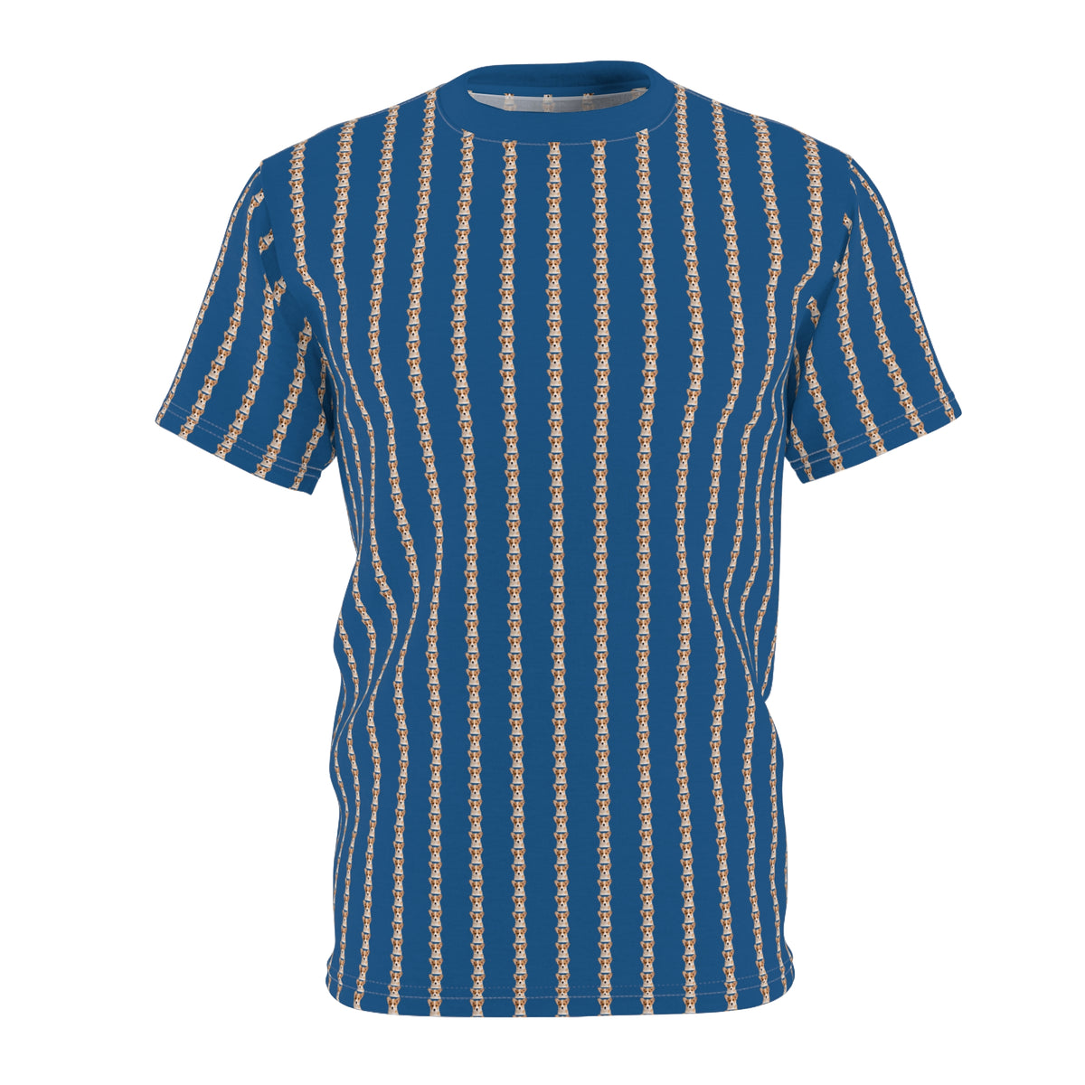 Ethereal Gaze Pinstripes Unisex Bold Designer Tee - Tiny Cute Corgi Face Motif Beyond Belief on Daytona Dusk