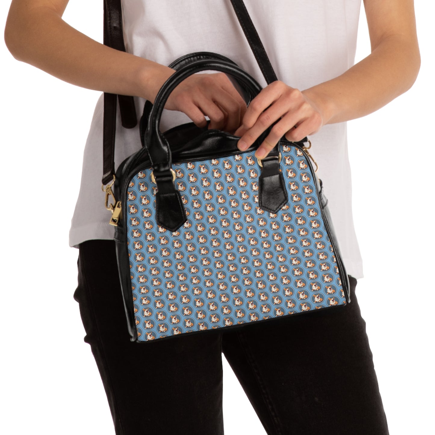 Comical Corgi All Smiles Dot Pattern Blue & Black Shoulder Handbag
