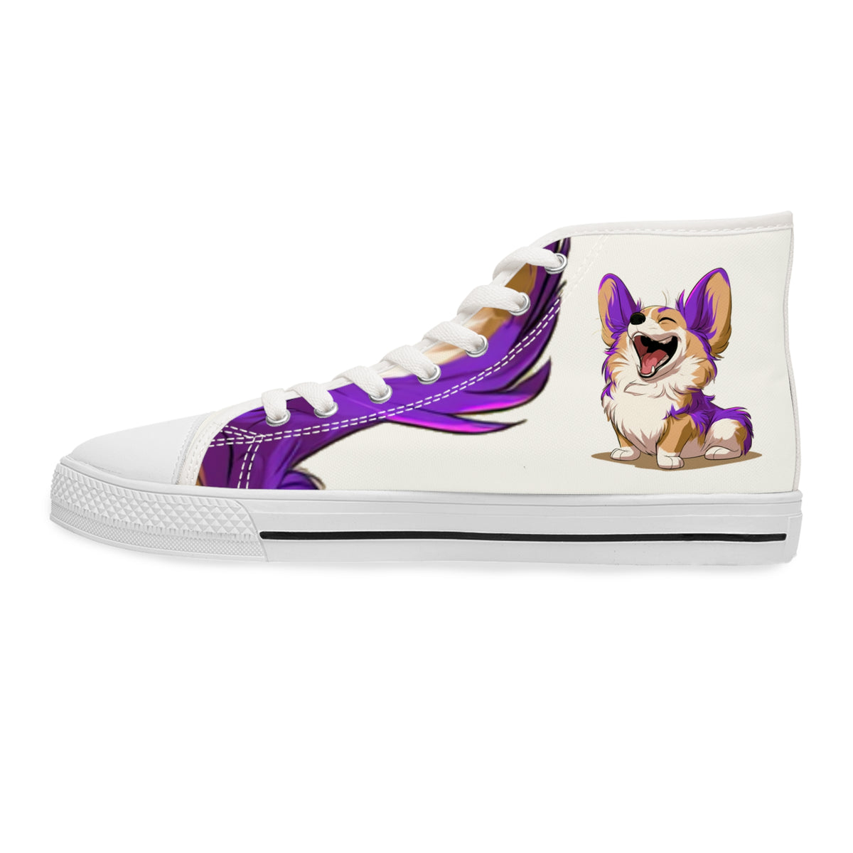 Purple Patch Women's High-Top Sneakers - Carefree Corgi on Marzipan White Canvas with Very Violet Fur-Effect Accents