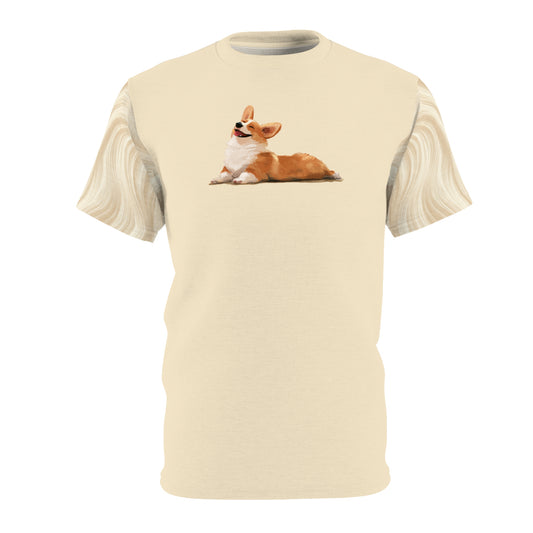 Giddy Sploot Unisex Bold Designer Tee - Calm Corgi on Creamy Champagne with Flowing Mane Sleeves