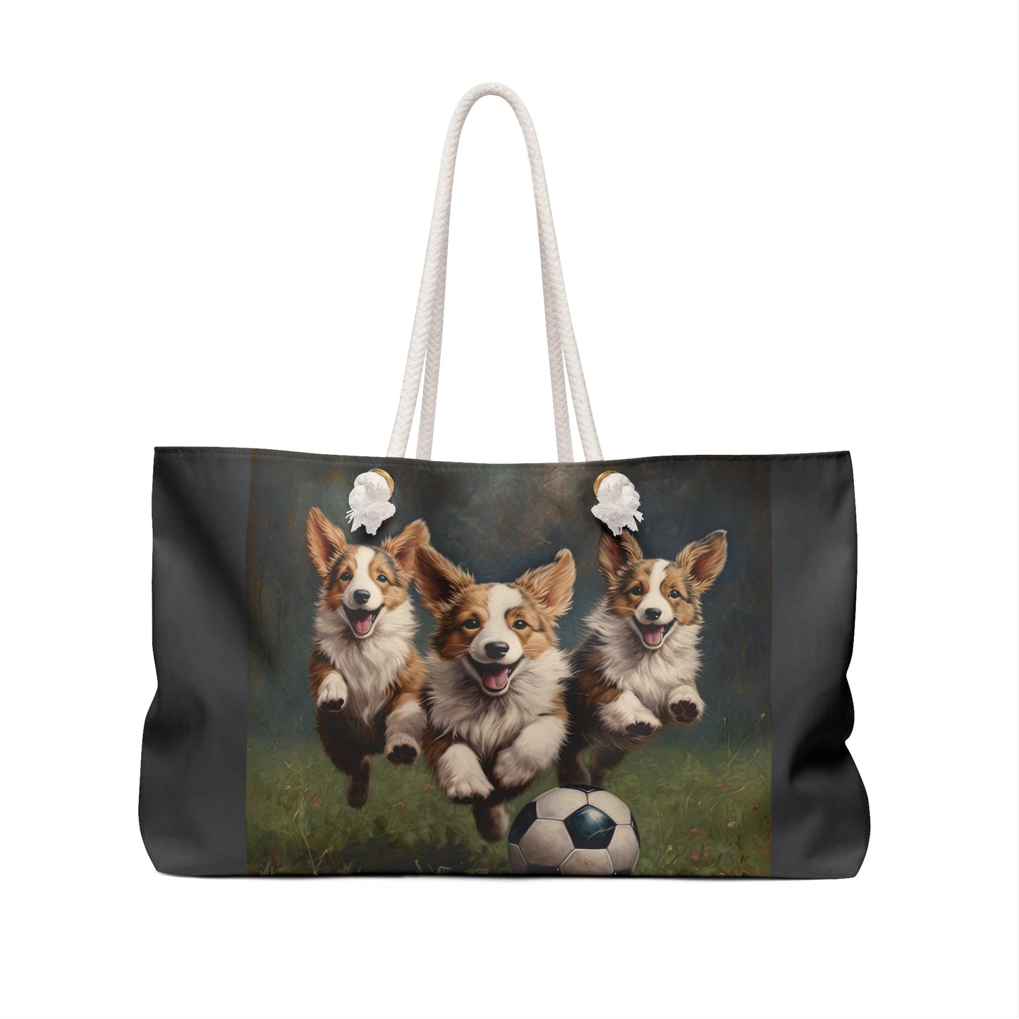 Corgi Puppies Pouncing on the Pitch Weekender Beach Bag – Soccer Themed Corgi Travel Tote