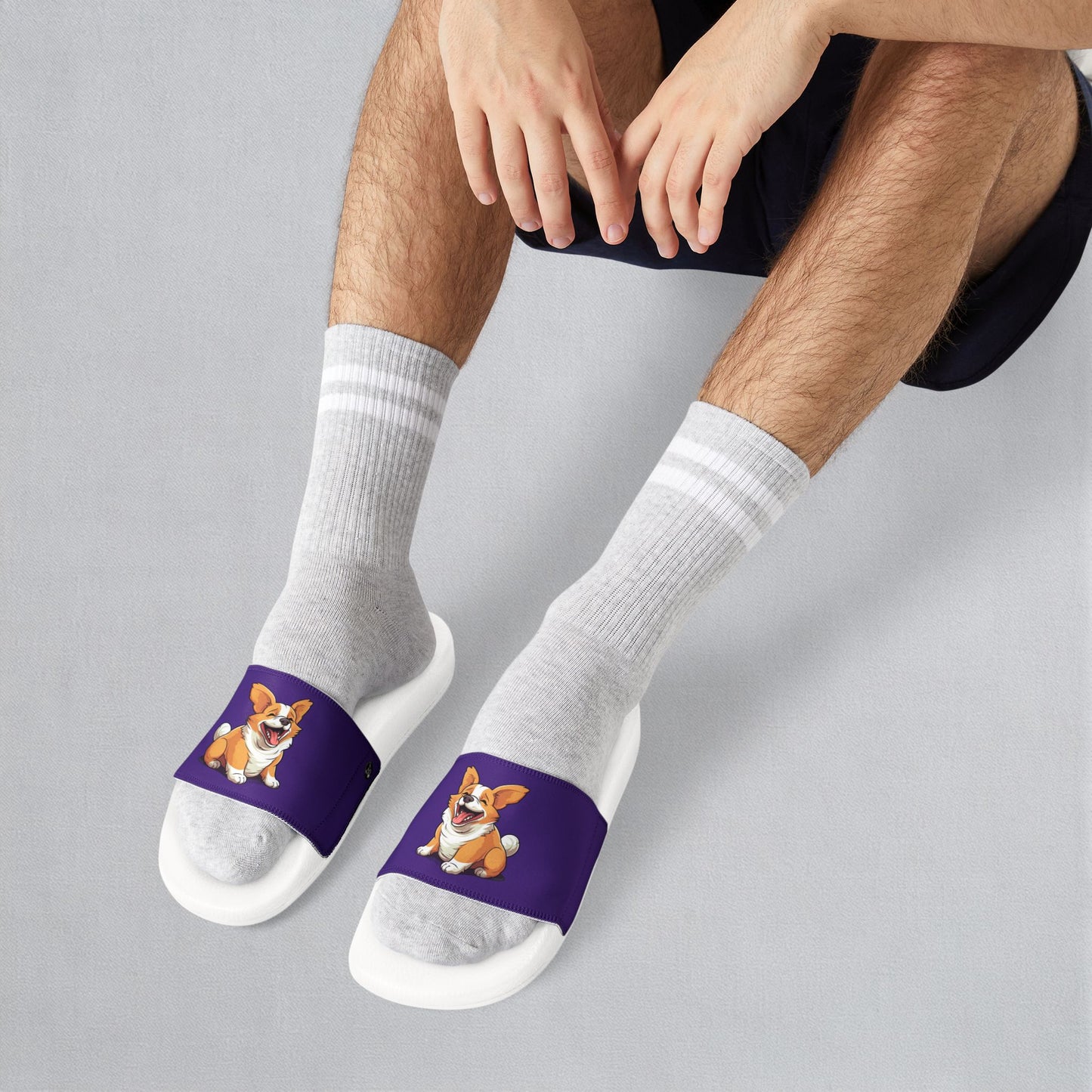Jolly Jiggling Corgi Men's Purple Slide Sandals - Casual Pool & Beach Slides