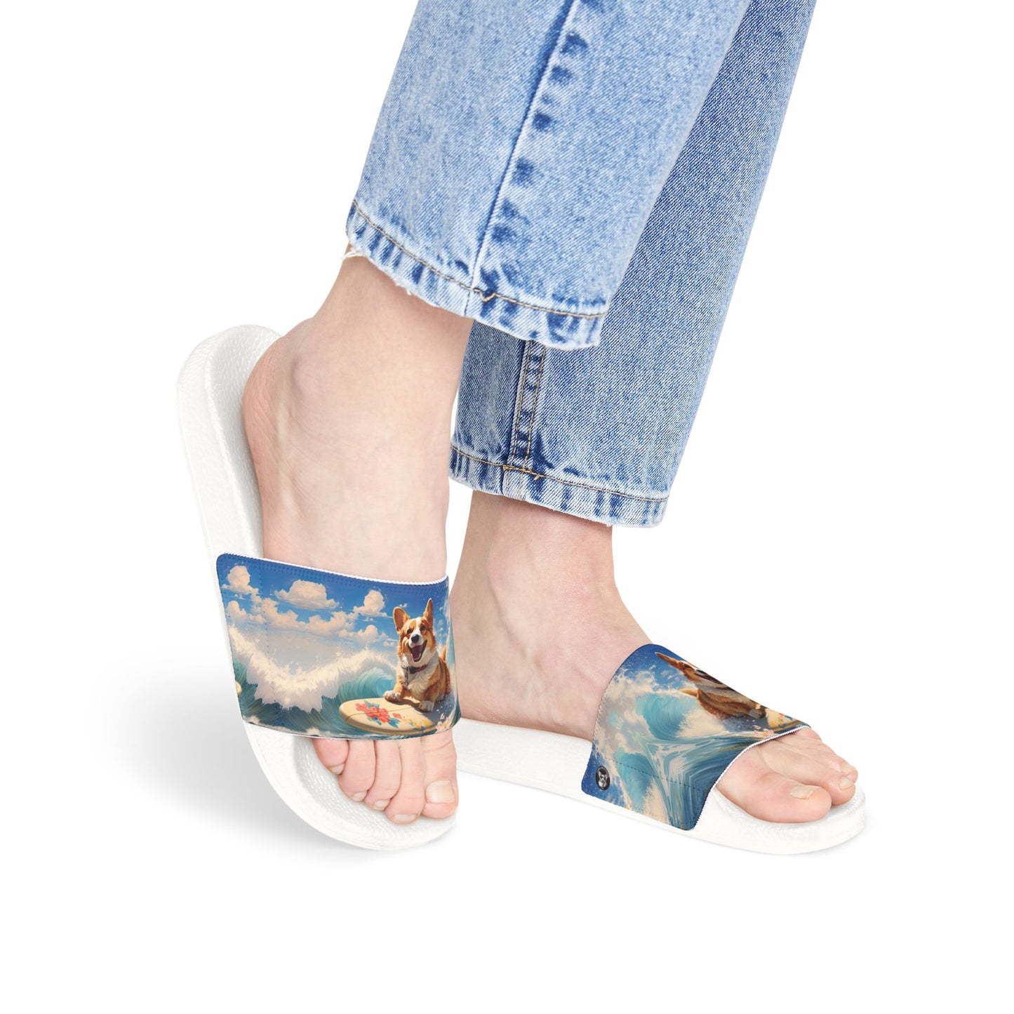 Cowabunga Corgi Big Blue Ocean Wave Women's Slide Sandals - Casual Pool & Beach Slides